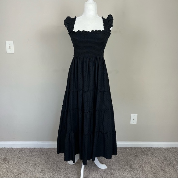 CAARA CALYPSO TIERED MIDI SUNDRESS SMOCKED BODICE FLUTTER STRAPS BLACK LARGE - Picture 3 of 15